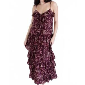 NEW WILDFLOWER women's floral print ruffle tiered maxi dress in wine